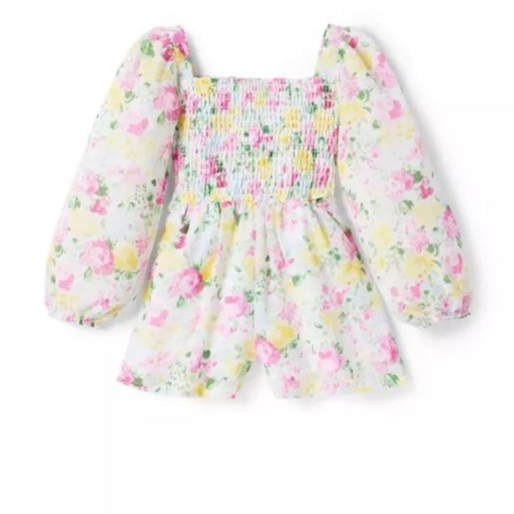 Girls JANIE & JACK The Emma smocked floral chiffon romper- Size 8. - Picture 4 of 12